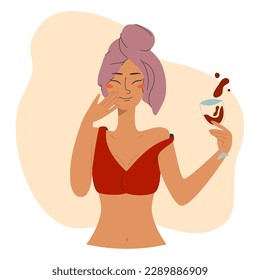 Happy woman with glass of wine in hand and towel on head in red top. Self care concept. Vector stock illustration on liquid pastel background.