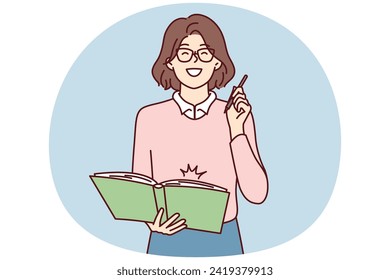 Mujer feliz con gafas sosteniendo grandes pancartas en las manos y con una sonrisa haciendo nota o planeando para el día. Muchacha positiva parada con un bolígrafo de libros para hacer marcas cuando lee literatura. Imagen vectorial plana