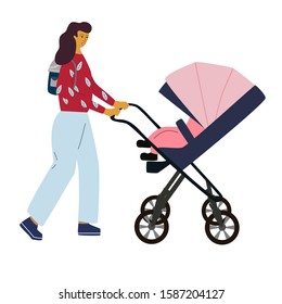 Happy woman goes for a walk with baby and stroller. Mother with backpack walking with child. Maternity concept. Flat colorful vector illustration in trendy cartoon style