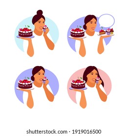 Happy woman going to eat delicious cupcake. Flat cartoon vector illustration isolated on light background.