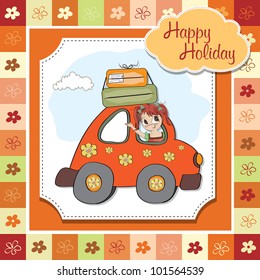 happy woman going on holiday by car