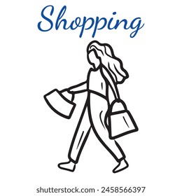 Happy woman is going from shopping with bags and packages and gifts. Hand drawn vector sketch illustration in doodle engraved line art vintage style isolated on white background. Store, character