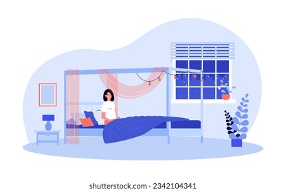 Happy woman going to sleep vector illustration. Comfortable bed with pillows, sheets and blankets in cozy bedroom with soft string lighting. Bedding elements, sleep environment concept