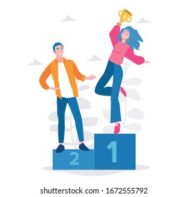 Happy woman with golden cup, Businesswoman standing on the winners podium. Successful business concept. Business Growth and Career Boost, Vector illustration for web banner, infographics, mobile