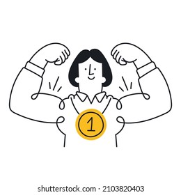 Happy woman with golden medal and celebrating victory. Concept of success, competition winner, triumph, prize award. Outline, linear, thin line, doodle art. Simple style with editable stroke.