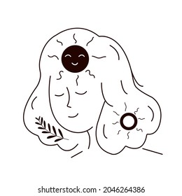 Happy Woman With Good Mood And Positive Thoughts In Head. Improving Personal Mental And Physical Health. Wellness And Happiness Concept. Line Art And Doodle. Health Care Help. Vector Illustration