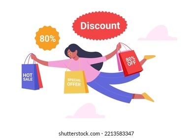 Happy Woman Got a Lot Of Discount Shopping Vector