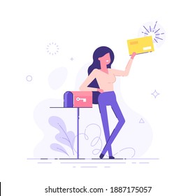 Happy woman got an important letter. Handsome businesswoman or manager is standing nearby mailbox and holding an envelope. Modern vector illustration.