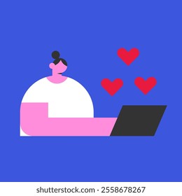 Happy Woman got many likes on her social media post. Flat vector illustration on blue background.