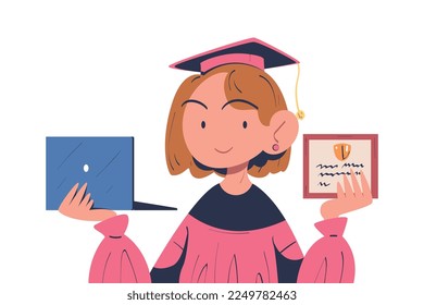 Happy Woman Graduate in Academic Cap with Diploma Certificate and Laptop Vector Illustration