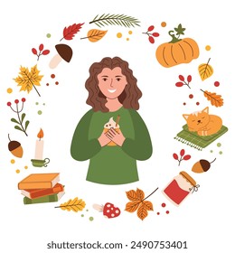 Happy Woman in a green jacket holds a hot drink in her hands. Around it are autumnal elements for a cozy Autumn. Vector illustration of a young smiling woman, eps 10