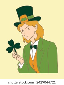 Happy woman in green and orange costume with hat following Irish tradition for Saint Patrick's day. Joyful girl holding shamrock, clover. Hand drawn flat cartoon character vector illustration.