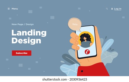 Happy woman greeting from mobile phone screen in hand flat vector illustration. Cartoon male hand holding smartphone. Video call and digital technology concept