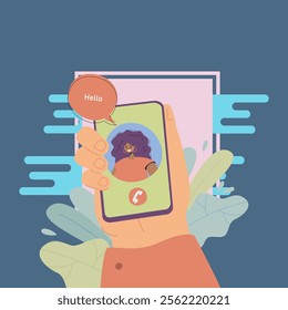 Happy woman greeting from mobile phone screen in hand flat vector illustration. Cartoon male hand holding smartphone. Video call and digital technology concept