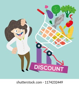 A Happy woman with Grocery store basket icon, vegetables discount symbol, promotion  sign, sale bonus coupon, good quality vegetables products, cheap price offer, low cost tag, vector 