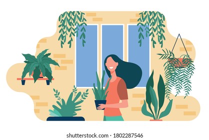 Happy Woman Growing Houseplants. Female Character Standing In Cozy Home Garden And Holding Pot With Plant. Vector Illustration For Greenery, Gardening Hobby, Home Decor, Botany Concepts