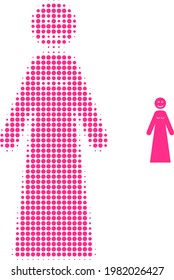 Happy woman halftone dot icon illustration. Halftone array contains round dots. Vector illustration of happy woman icon on a white background. Flat abstraction for happy woman object.