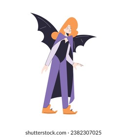 Happy Woman at Halloween Party Standing in Dracula Costume Vector Illustration