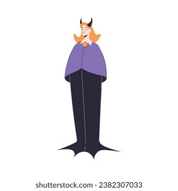 Happy Woman at Halloween Party Standing in Dracula Costume with Horns on Head Vector Illustration