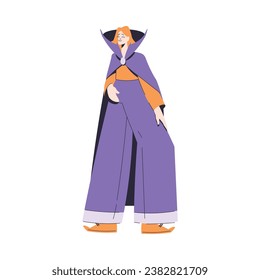 Happy Woman at Halloween Party Standing in Dracula Costume Vector Illustration