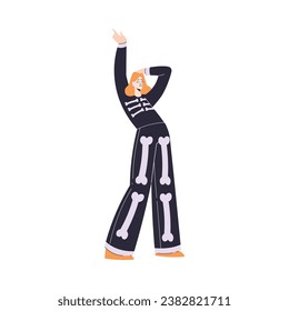 Happy Woman at Halloween Party Standing in Skeleton Costume Vector Illustration