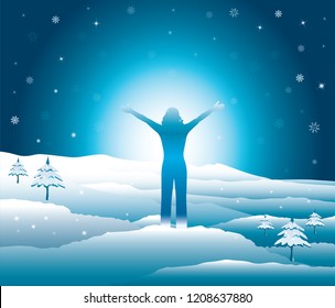 Happy woman with hands up on the top of snowy mountains. Girl enjoys the falling snowflakes and the beginning of winter. Vector illustration. Blue Ridge Mountains, North Carolina, USA.