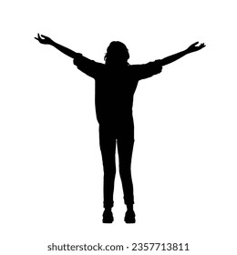 Happy Woman with hands stretched. Silhouette of happy Woman raise hand vector. Success and serenity concept, young man standing. Happy Girl, successful lad with arms up.