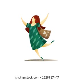 Happy woman with hands up, in green dress and with biodegradable eco bag on her shoulder