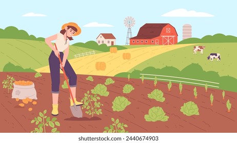 Mujer feliz cosecha verduras. Escena de granja rural. Ilustración de vector