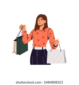 Happy woman has enjoyment of shopping. Buyer rejoices over sales, discounts in retail store. Customer shopaholic holds many bags with purchases, gifts. Flat isolated vector illustration on white