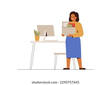 Happy woman has new job. Female employee holds box with personal items in her first day in office. Woman was promoted at work or has new business project. Career or start up concept. Vector