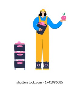 Happy woman in hat and overalls holds apple that she picked during the harvest. Flat vector illustration on white background. Adult female cartoon action character. Gardening concept for poster