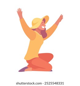 Happy Woman in Hat Sitting and Talking to Somebody Vector Illustration