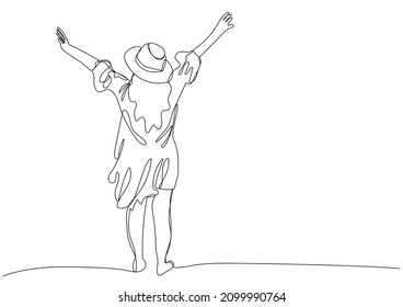 Feliz mujer en ese pie y extendiendo dos manos hacia el cielo. Concepto de libertad, felicidad, relajación. Un dibujo de línea continua. Ilustración del vector