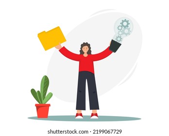 Happy woman having creative idea, businesswoman standing with idea documents and light bulb above his head, startup concept, invention concept, flat vector illustration