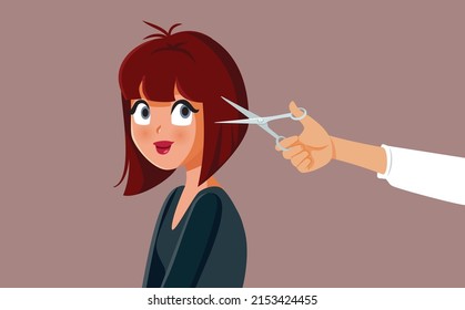 
Happy Woman Having A Short Bob Haircut Vector Illustration. Charming Model Having Her Hair Styled Professionally 
