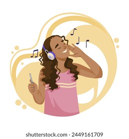 A happy woman with headphones enjoying music, vector illustration, on a light abstract background with musical notes. Vector illustration