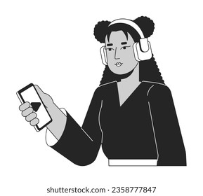 Happy woman in headphones flat line black white vector character. Editable outline half body person. Girl holding smartphone simple cartoon isolated spot illustration for web graphic design