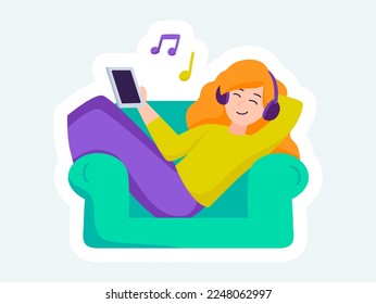 Happy woman in headphones listening to music. Stay at home. Vector illustration in cartoon sticker design