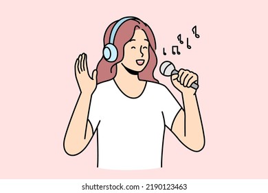 Happy woman in headphones and microphones singing. Smiling girl have fun enjoy karaoke entertainment with mic and earphones. Hobby and music. Vector illustration. 