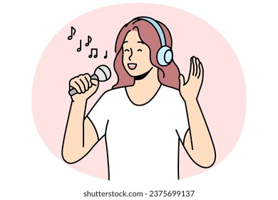 Happy woman in headphones and microphones singing. Smiling girl have fun enjoy karaoke entertainment with mic and earphones. Hobby and music. Vector illustration.