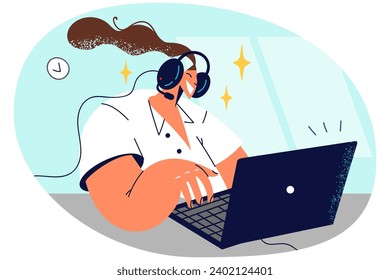 Happy woman in headset working on computer consult client online. Smiling female call center agent in earphones busy at laptop. Vector illustration.