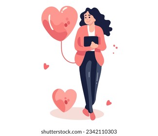 Happy woman with heart balloon isolated on white background