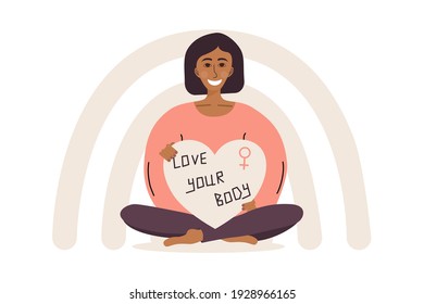 A happy woman with a heart in her hand sits in the lotus position. The concept of Body positivity and self-love. Vector illustration.