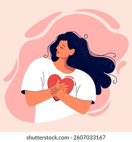 Happy woman with heart. Love, compassion, generosity in heart. Acceptance and care of yourself. Illustration of female mental health. illustration flat style