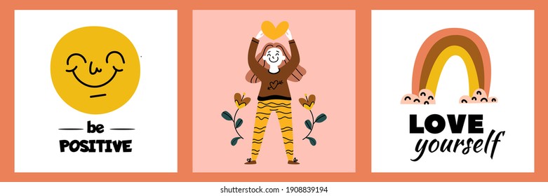 Happy woman, heart, rainbow, face. Illustration collection. Topics: love, positive, acceptance, confident, self care. Card, print set. Stock drawing, motivation quote. Text: Be positive, Love yourself