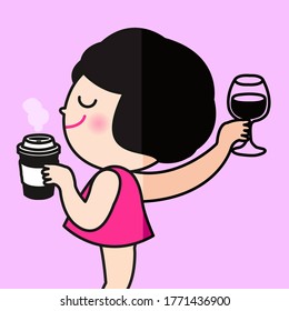 Happy Woman With Her Morning Cup Of Coffee And Evening Glass Of Wine Concept Card Character illustration
