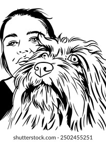 Happy woman with her puppy, comic pop art vector illustration, outline