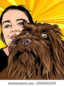 Happy woman with her puppy, comic pop art vector illustration