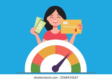 Happy woman with high credit score, holding cash and a credit card in front of a credit score meter. Ideal for finance, banking, personal finance, credit, financial health, and consumerism concepts.